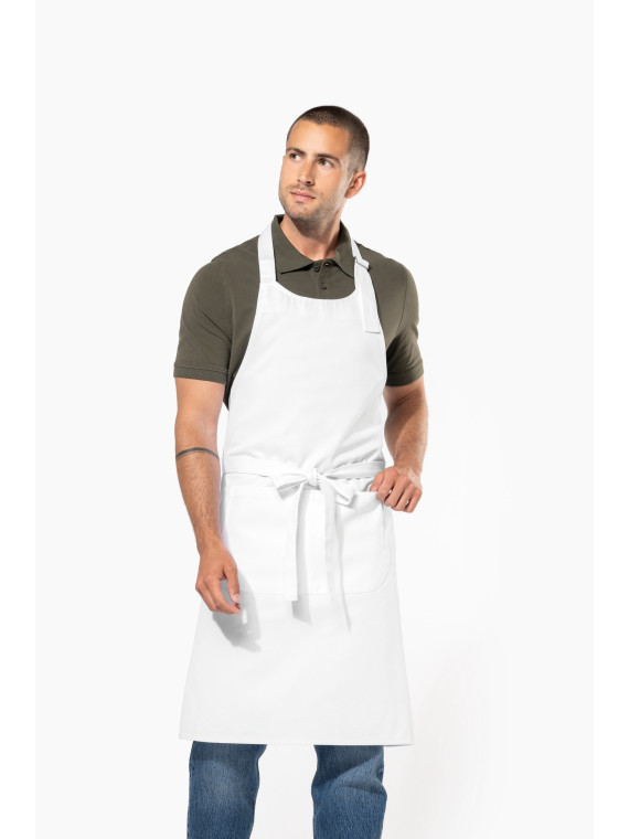 Tablier coton lavage industriel 85°C avec grande poche avant double compartiment professionnel ajustable