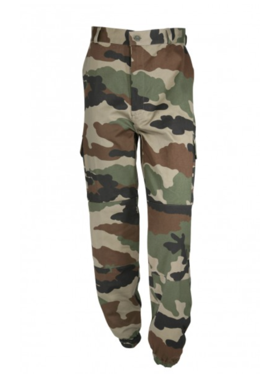 Pantalon treillis F2 camouflage militaire TTA — Coupe réglementaire française avec poches cargo et bas élastiqués.