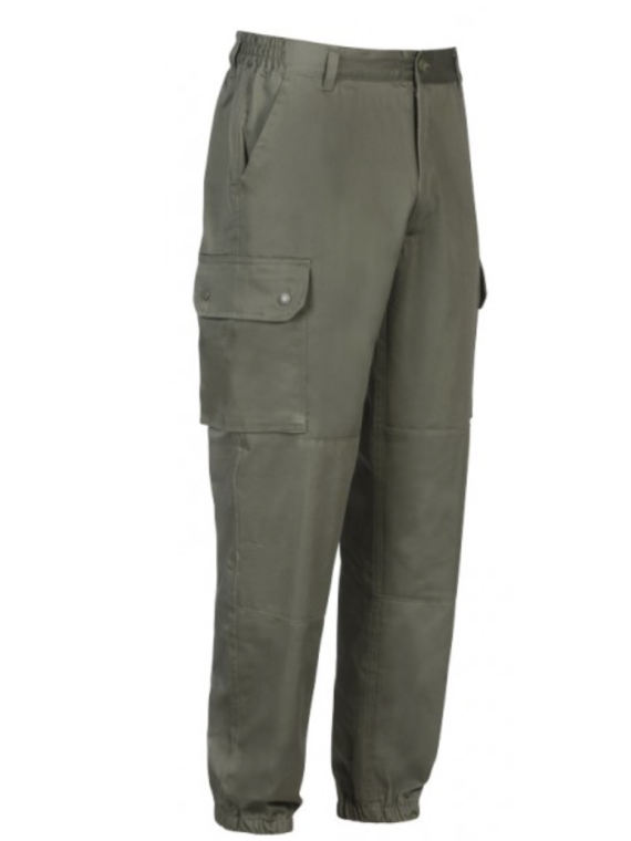 Pantalon treillis F2 uni en tissu satin 290 g/m² — avec 4 poches, renforts aux genoux et bas élastiqués.